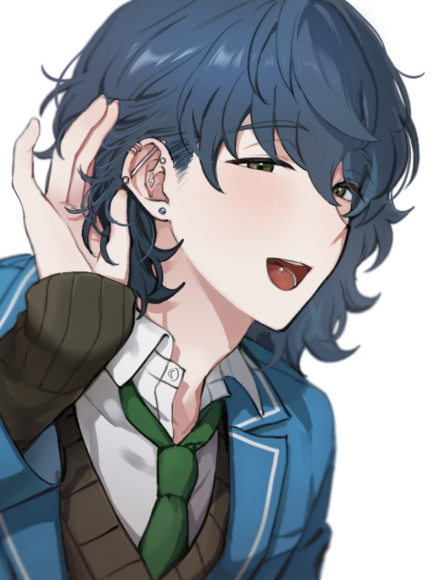 1boy adjusting_hair aoba_tsumugi barbell_piercing black_sweater blue_jacket blurry collared_shirt depth_of_field dorsiflexion_(wrist) ear_focus ear_piercing earrings ensemble_stars! green_necktie hair_between_eyes half-closed_eyes hand_up highres industrial_piercing jacket jewelry light_blush light_smile male_focus medium_hair multiple_piercings necktie no_eyewear open_collar open_mouth piercing portrait school_uniform shirt sideways_glance simple_background solo stud_earrings sweater tareme tongue_piercing tsmkwa tucking_hair white_background white_shirt wing_collar yumenosaki_school_uniform