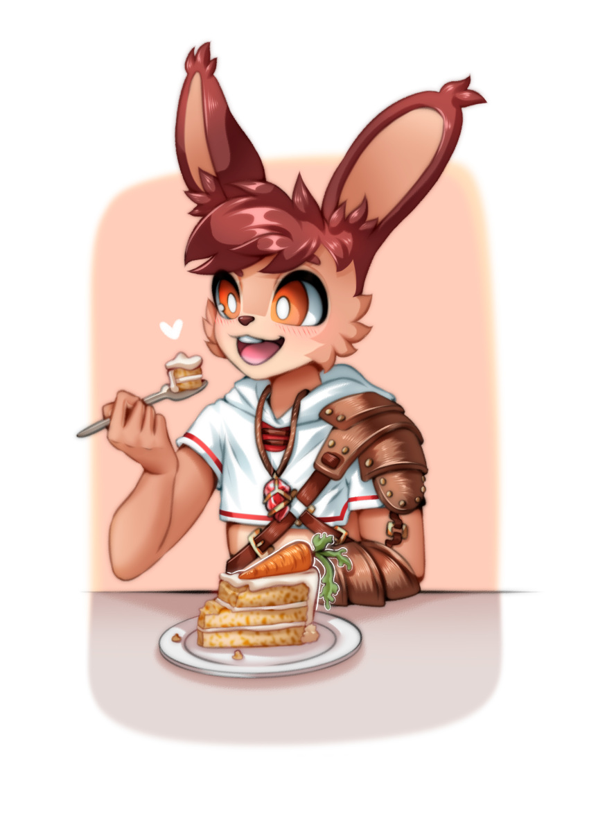 absurd_res anthro armor brown_body brown_fur brown_hair cake carrot carrot_cake clothed clothing crop_top dessert eating food fur gauntlets glass_(oc) gloves hair handwear heart_symbol hi_res jewelry kenoxpictures lagomorph leporid male mammal necklace open_mouth orange_eyes plant rabbit rabbit_ears shirt simple_background smile solo tongue topwear vegetable