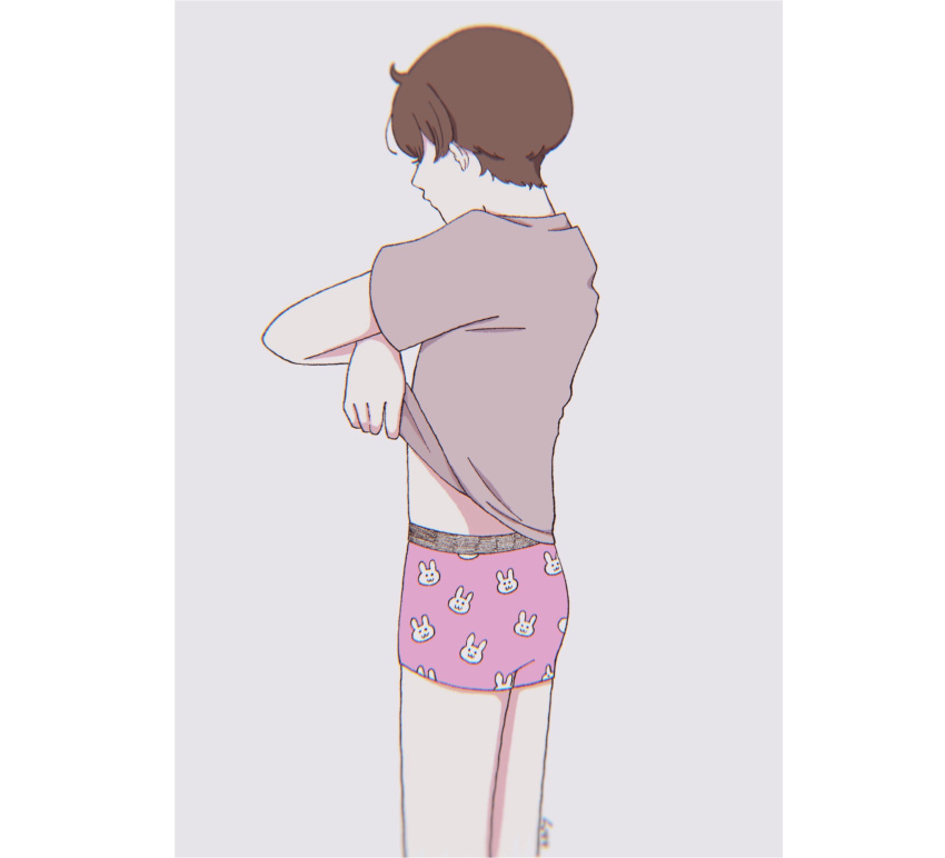 absurdres animal_print boxers brown_hair clothes_lift cropped_legs female grey_background highres male_underwear rabbit_print reverse_trap shirt_lift short_hair simple_background twisted_wonderland underwear usape0kyun yuu_(twisted_wonderland)