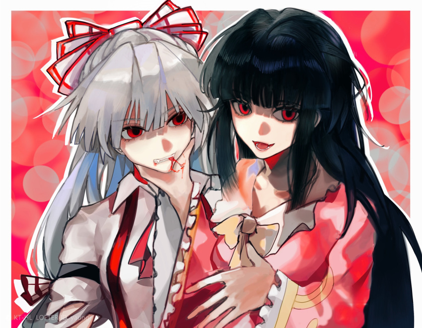 2girls black_hair blunt_bangs border bow breasts chinese_commentary clenched_teeth collared_shirt commentary_request fangs fujiwara_no_mokou hair_between_eyes hairbow highres hime_cut houraisan_kaguya kt-hl long_hair long_sleeves multiple_girls neck_ribbon open_mouth outside_border red_background red_eyes red_shirt red_trim ribbon shirt small_breasts smile suspenders teeth touhou white_border white_bow white_hair white_shirt yellow_ribbon