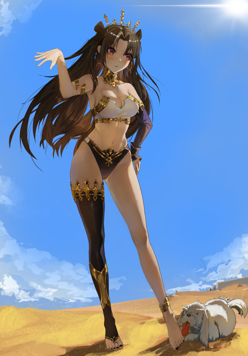 absurdres arm_warmers armlet asymmetrical_legwear asymmetrical_sleeves bare_shoulders barefoot black_hair blue_sky breasts canine cleavage commentary_request day desert detached_sleeves earrings elbow_gloves fate/grand_order fate_(series) female full_body gloves highres hoop_earrings ishtar_(fate) jewelry licking licking_foot long_hair long_legs medium_breasts navel neck_ring outdoors red_eyes sand single_arm_warmer single_detached_sleeve single_elbow_glove single_thighhigh sky solo sun thighhighs tiara tongue tongue_out two_side_up uneven_legwear uneven_sleeves yu_ruo