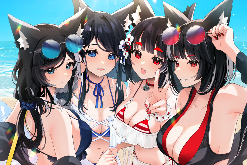 4girls absurdres alternate_costume animal_ear_fluff animal_ears azur_lane bell bikini black_bikini black_hair blue-tinted_eyewear blue_bikini blue_eyes breasts cat_ears choker cleavage comiket_104 day english_text eyewear_on_head fusou_(azur_lane) fusou_(meta)_(azur_lane) highres jingle_bell large_breasts long_hair looking_at_viewer multiple_girls nail_polish navel neck_bell open_mouth outdoors red-tinted_eyewear red_choker red_eyes red_nails round_eyewear sarong see-through short_hair siblings sisters smile striped_bikini striped_clothes summer sunglasses swimsuit tinted_eyewear two-tone_bikini v white_sarong yamaha_tsui yamashiro_(azur_lane) yamashiro_(meta)_(azur_lane)