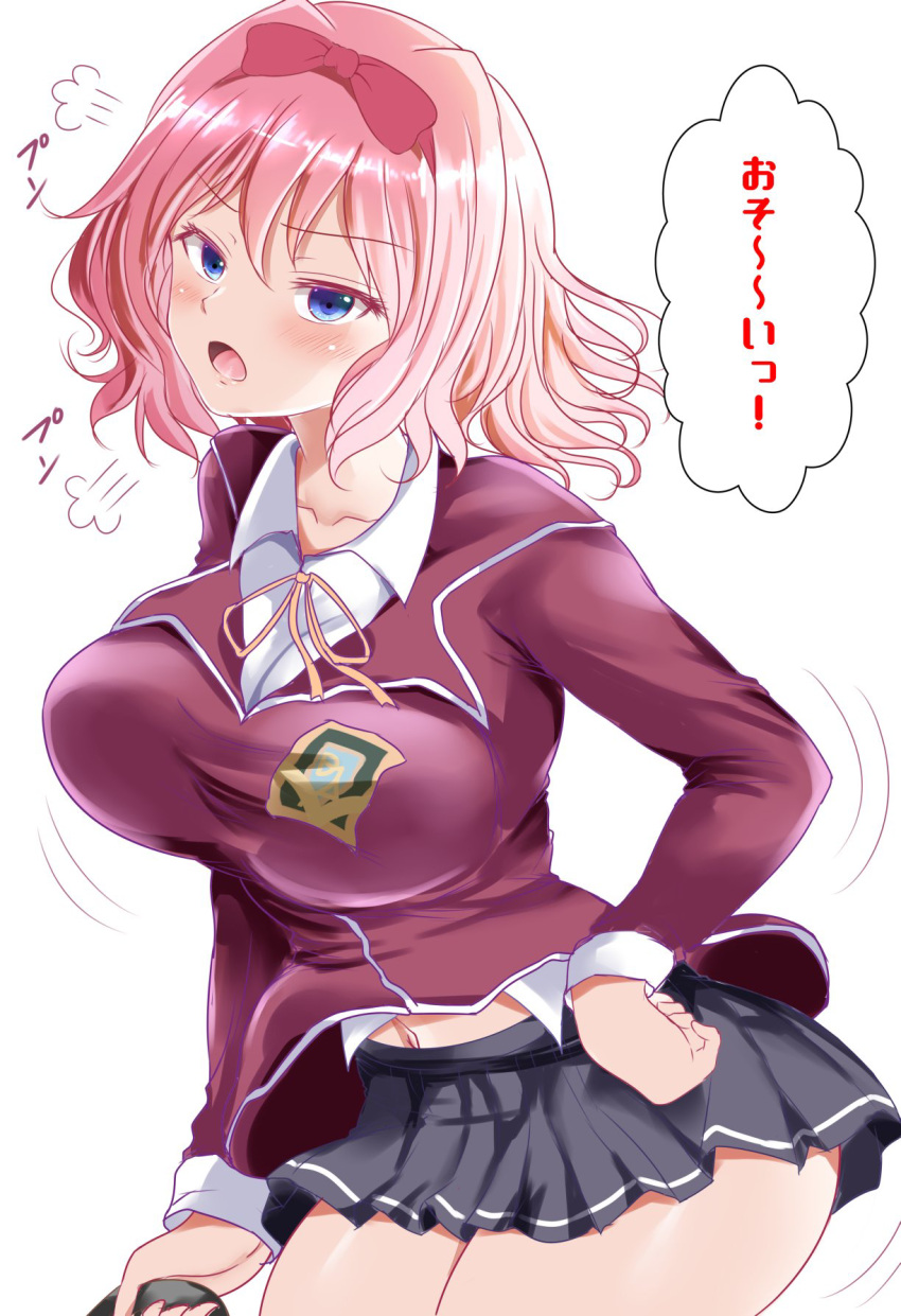 andrew_(duel_angel) blue_eyes blush bow breasts collarbone commentary_request duel_monster female hairbow heavy_breathing highres holding large_breasts long_sleeves looking_at_viewer microskirt midriff_peek motion_lines navel neck_ribbon open_mouth pink_bow pink_hair pleated_skirt ribbon school_uniform shirt short_hair skirt solo thought_bubble translation_request tsan_dire white_background white_shirt yu-gi-oh!