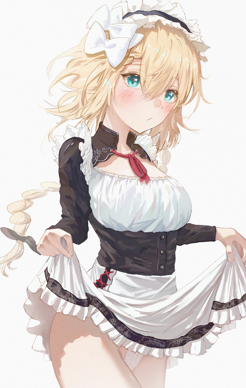 :/ absurdres black_dress blonde_hair blue_eyes blush braid braided_ponytail breasts centaureissi_(neural_cloud) clothes_lift dress embarrassed female frilled_dress frills g36_(girls'_frontline) girls'_frontline_neural_cloud groin hair_between_eyes hands_up highres hip_focus long_hair looking_at_viewer maid_headdress medium_breasts messy_hair panties presenting single_braid skirt skirt_lift solo soondi thighs two-tone_dress underwear very_long_hair white_panties