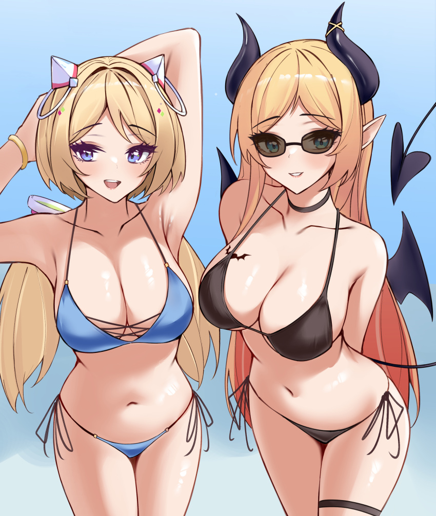 2girls absurdres aki_rosenthal animal_ears bat_tattoo beach bikini black_bikini black_horns blonde_hair blue_bikini blue_eyes blush bob_cut breast_tattoo breasts cleavage demon_girl demon_horns demon_tail demon_wings detached_hair hair_ornament headgear highres hololive horn_ornament horn_ring horns large_breasts long_hair looking_at_viewer low_twintails multicolored_hair multiple_girls open_mouth parfait_desu parted_bangs pointy_ears purple_eyes short_hair single_sidelock smile solo summer sunglasses swept_bangs swimsuit tail tattoo twintails virtual_youtuber winged_heart winged_heart_tattoo wings yuzuki_choco