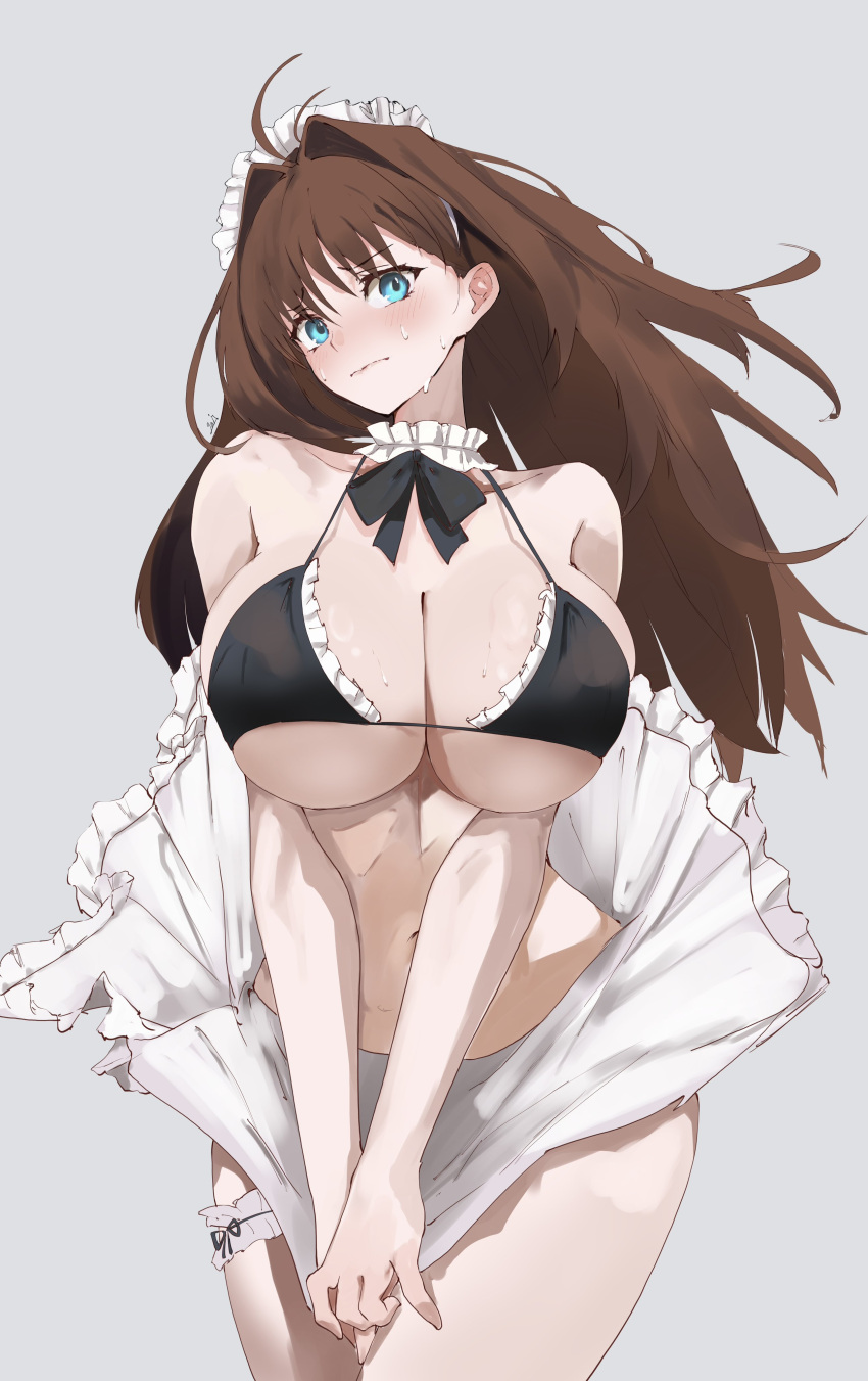 absurdres aozaki_aoko apron bare_shoulders bikini black_bikini blue_eyes blush breasts brown_hair cleavage collar detached_collar female frilled_collar frills hair_intakes highres kasumi_saika large_breasts long_hair looking_at_viewer mahou_tsukai_no_yoru maid_headdress navel revision sidelocks solo swimsuit thighs waist_apron white_apron wind wind_lift