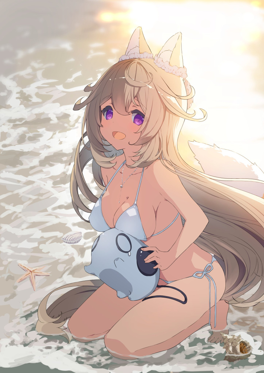 animal_ear_fluff animal_ears bare_shoulders beach bikini breasts brown_hair clam cleavage commentary_request female fox_ears fox_tail highres jewelry kneeling large_breasts long_hair looking_at_viewer necklace open_mouth original p19 partially_submerged purple_eyes side-tie_bikini_bottom solo starfish swimsuit tail very_long_hair water waves white_bikini