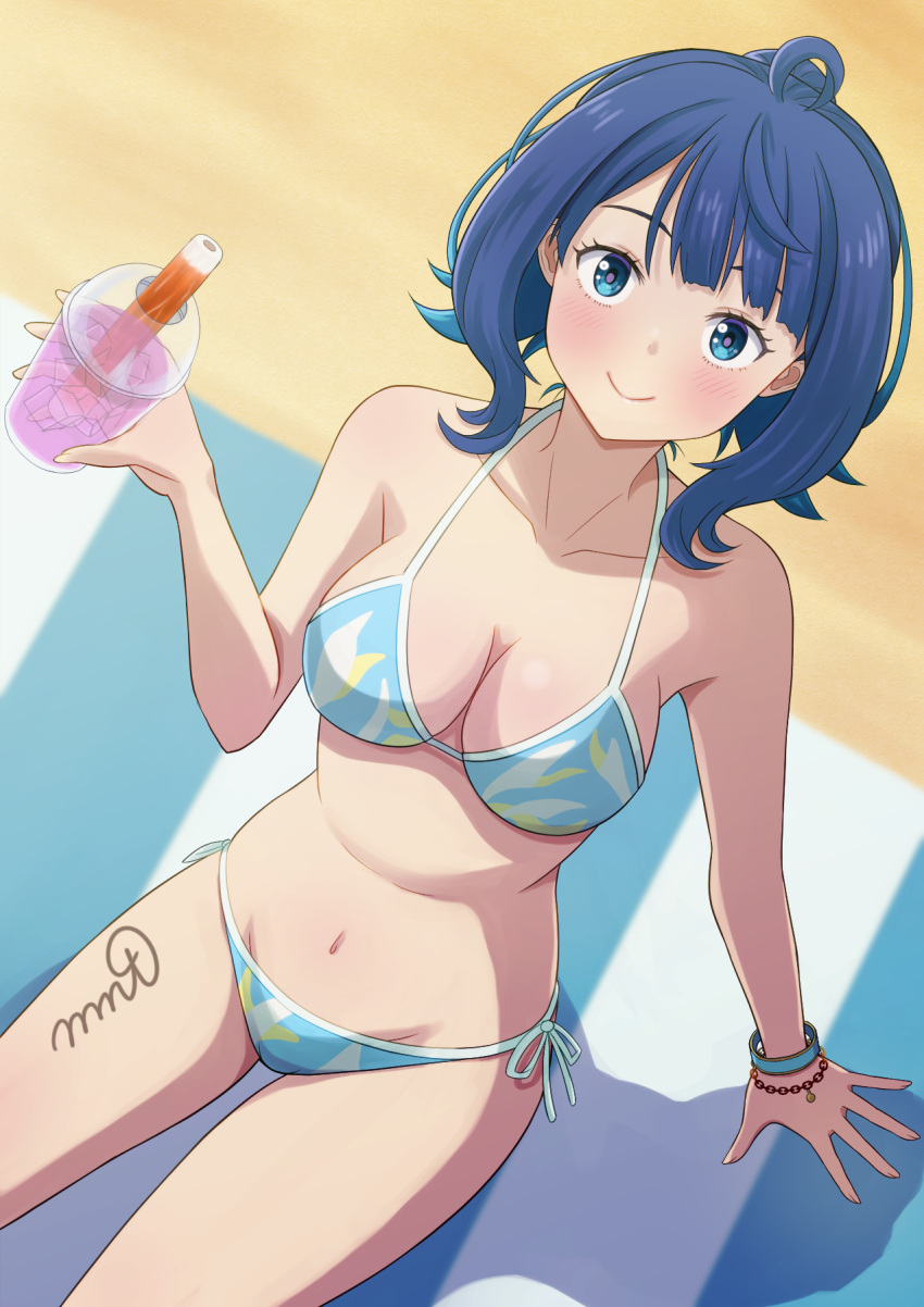 ahoge bikini blue_bikini blue_eyes blue_hair bracelet breasts chikuwa commentary_request cowboy_shot female food highres jewelry looking_at_viewer make_heroine_ga_oo_sugiru! manato medium_breasts medium_hair sand side-tie_bikini_bottom signature sitting smile solo swimsuit yanami_anna