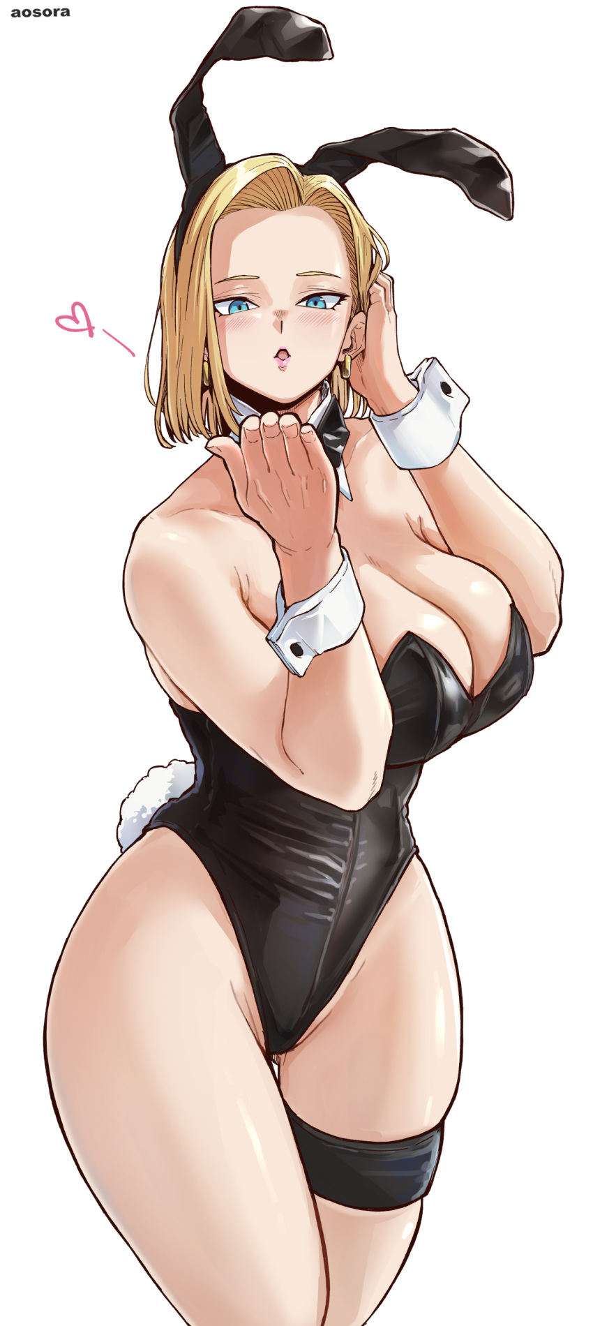 :o absurdres android_18 animal_ear_hairband animal_ears aosora2823 artist_name bare_shoulders black_leotard blonde_hair blowing_kiss blue_eyes blush bow bowtie breasts cleavage collarbone detached_collar dragon_ball earrings fake_animal_ears fake_tail female hairband heart highleg highleg_leotard highres jewelry large_breasts leotard looking_at_viewer playboy_bunny rabbit_ear_hairband rabbit_ears rabbit_tail short_hair simple_background solo strapless strapless_leotard tail thigh_gap thigh_strap thighs white_background wrist_cuffs