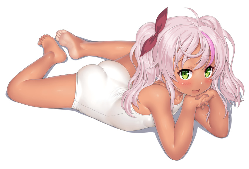 ahoge ass breasts comandante_cappellini_(kancolle) dark-skinned_female dark_skin dd_(ijigendd) female green_eyes i-503_(kancolle) kantai_collection light-skinned_soles long_hair looking_at_viewer multicolored_hair old_school_swimsuit one-piece_swimsuit pink_hair purple_hair school_swimsuit small_breasts smile solo streaked_hair swimsuit twintails white_one-piece_swimsuit