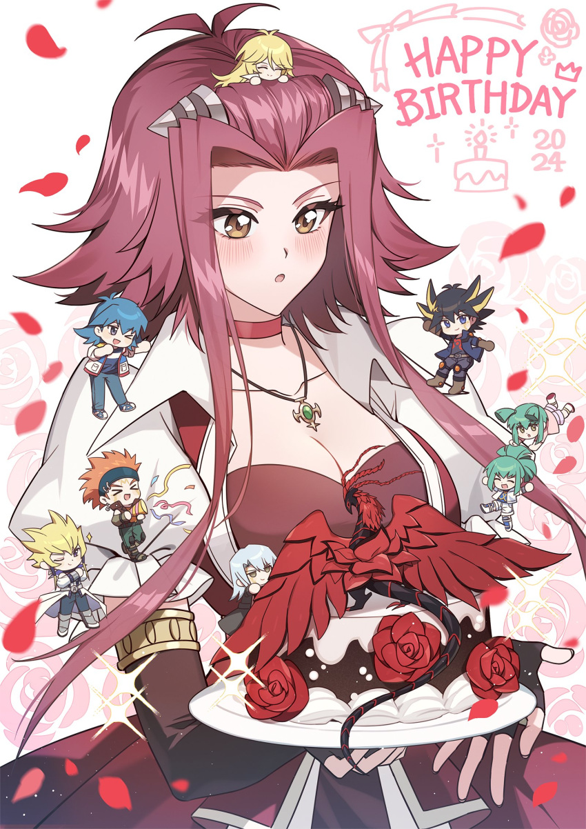 >_< 3girls 6+boys black_rose_dragon blush breasts brown_eyes bruno_(yu-gi-oh!) cake chibi cleavage crow_hogan dragon dress ed_(edus909) food fudo_yusei happy_birthday highres holding holding_plate izayoi_aki jack_atlas kiryu_kyosuke large_breasts lua_(yu-gi-oh!) luca_(yu-gi-oh!) medium_hair mini_person multiple_boys multiple_girls one_eye_closed plate red_dress red_hair red_petals sherry_leblanc yu-gi-oh! yu-gi-oh!_5d's