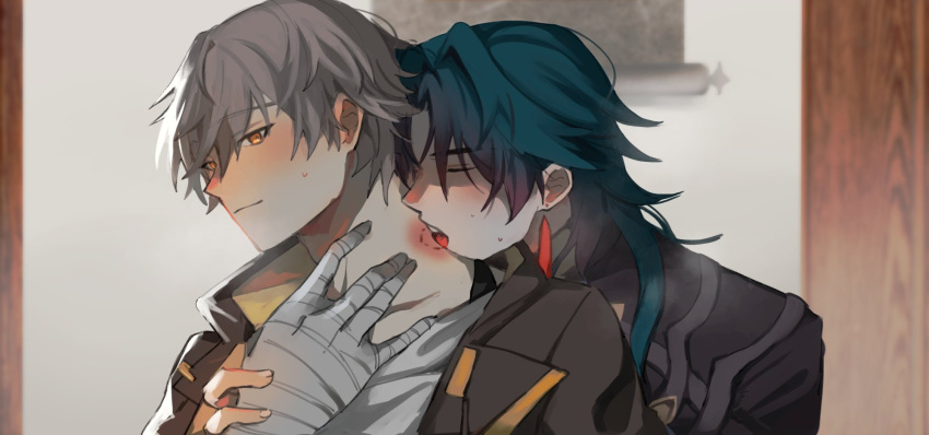 2boys bandaged_hand bandages bite_mark black_coat black_jacket blade_(honkai:_star_rail) blue_hair blush caelus_(honkai:_star_rail) closed_eyes closed_mouth coat dark_blue_hair earrings fingernails grey_hair hair_between_eyes half-closed_eyes hand_up highres honkai:_star_rail honkai_(series) hood hooded_jacket indoors j7bge04 jacket jewelry licking licking_another's_neck long_hair looking_at_another male_focus multiple_boys open_clothes open_jacket open_mouth shirt short_hair single_earring smile sweat t-shirt teeth tongue tongue_out trailblazer_(honkai:_star_rail) two-sided_fabric two-sided_jacket upper_body white_shirt yaoi yellow_eyes yellow_jacket