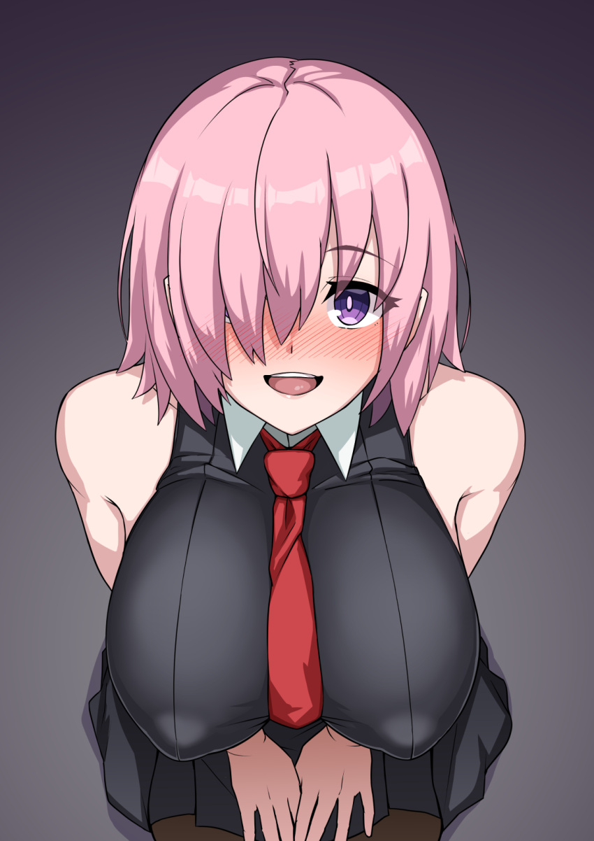 :d bare_shoulders blush breasts fate/grand_order fate_(series) female highres large_breasts looking_at_viewer mash_kyrielight muta_poo necktie nose_blush pink_hair purple_eyes short_hair sleeveless smile solo