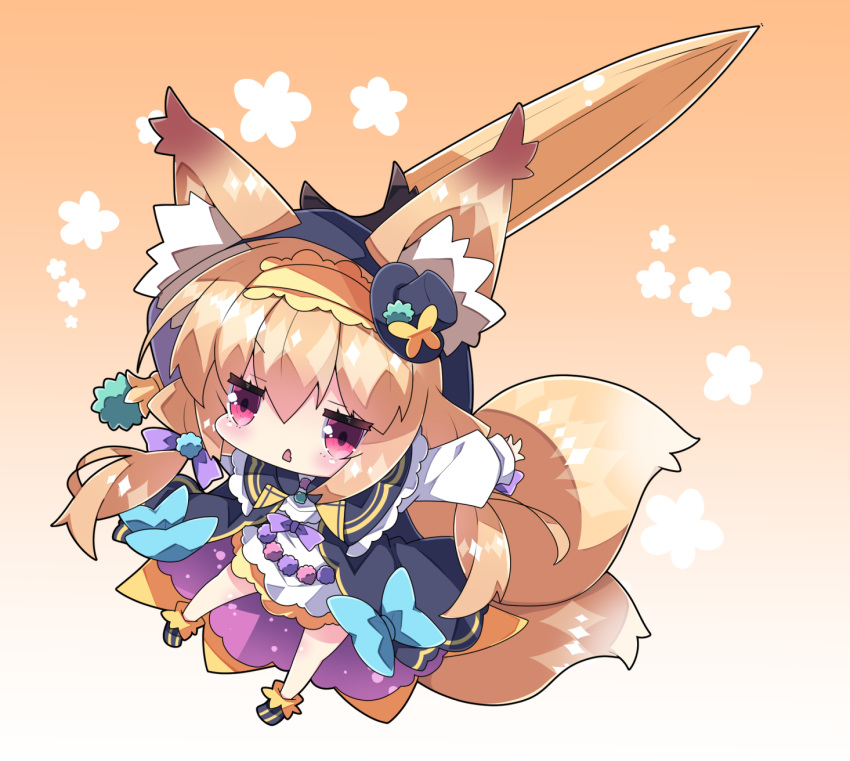 animal_ear_fluff animal_ears black_headwear black_jacket blush brown_background brown_hair chibi commentary dress female floral_background flower_knight_girl fox_ears fox_girl fox_tail full_body gradient_background hair_between_eyes hairband hat highres jacket kitsune kitsune_no_botan_(flower_knight_girl) long_hair long_sleeves milkpanda mini_hat multiple_tails oerba_yun_fang open_clothes open_jacket parted_lips puffy_long_sleeves puffy_sleeves red_eyes sleeves_past_wrists solo sword tail tilted_headwear two_tails very_long_hair weapon white_background white_dress yellow_hairband