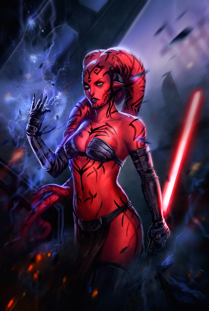 bare_shoulders black_bra black_gloves black_thighhighs bra breasts colored_skin commentary darth_talon dleoblack elbow_gloves electricity energy_sword english_commentary female force_lightning gloves highres holding holding_lightsaber holding_sword holding_weapon lekku_(anatomy) lightsaber navel pelvic_curtain pointy_ears red_lightsaber red_skin reverse_grip solo standing star_wars star_wars:_legacy sword tattoo thighhighs twi'lek underwear weapon yellow_eyes