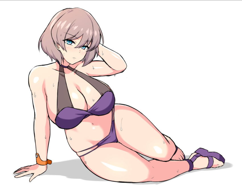 arm_behind_head arm_support bikini blue_eyes bracelet breasts brown_hair cleavage commentary_request female gridman_universe ikameshi_(nega96396) jewelry large_breasts medium_hair mujina purple_bikini sandals simple_background sitting solo ssss.dynazenon sweat swimsuit toes white_background