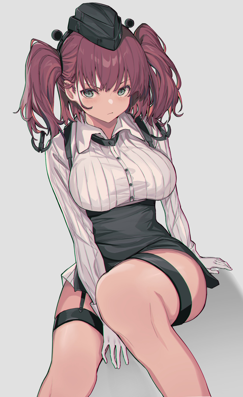 absurdres atlanta_(kancolle) bad_id bad_twitter_id black_hat black_skirt blush breasts brown_hair buttons closed_mouth collared_shirt female garrison_cap gloves grey_background grey_eyes hat high-waist_skirt highres kantai_collection large_breasts long_hair long_sleeves looking_at_viewer oweee shirt simple_background skirt solo suspender_skirt suspenders two_side_up white_gloves white_shirt