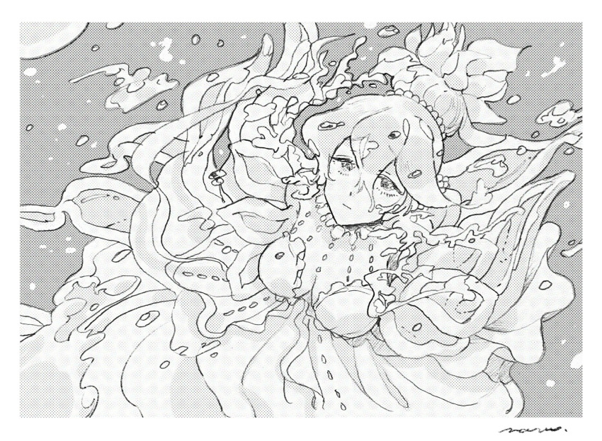 air_bubble breasts bubble closed_mouth commentary female greyscale hair_between_eyes hair_bun highres houseki_no_kuni lililin monochrome sad short_sleeves single_hair_bun solo submerged tentacle ventricosus water