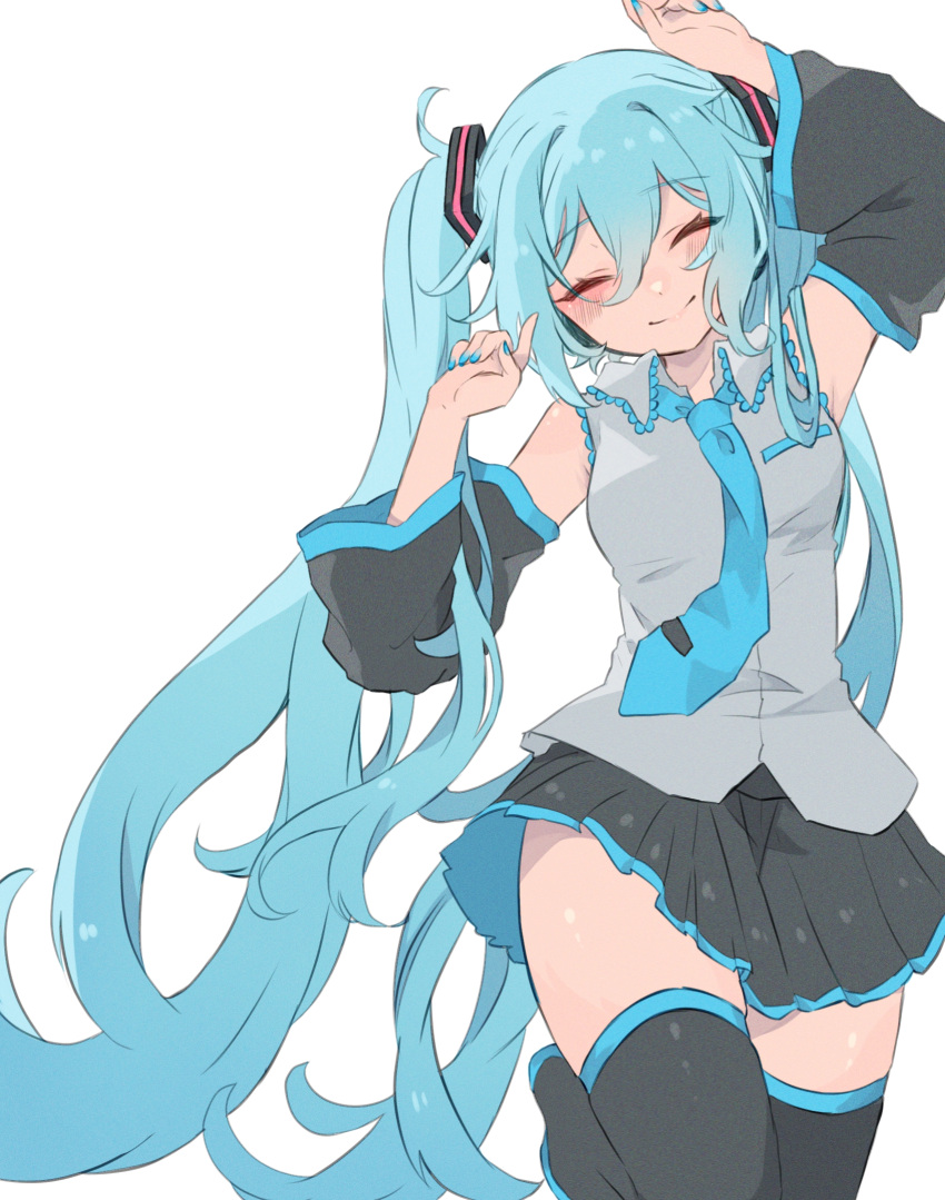 aqua_hair aqua_nails aqua_necktie arms_up bad_id bad_pixiv_id bare_shoulders black_footwear black_skirt black_sleeves blue_necktie blush boots breasts closed_eyes detached_sleeves female grey_shirt hair_between_eyes hair_ornament hatsune_miku highres long_hair medium_breasts miniskirt nail_polish necktie nekonika_(e102k) pleated_skirt shirt simple_background skirt sleeveless sleeveless_shirt solo standing thigh_boots twintails very_long_hair vocaloid white_background zettai_ryouiki