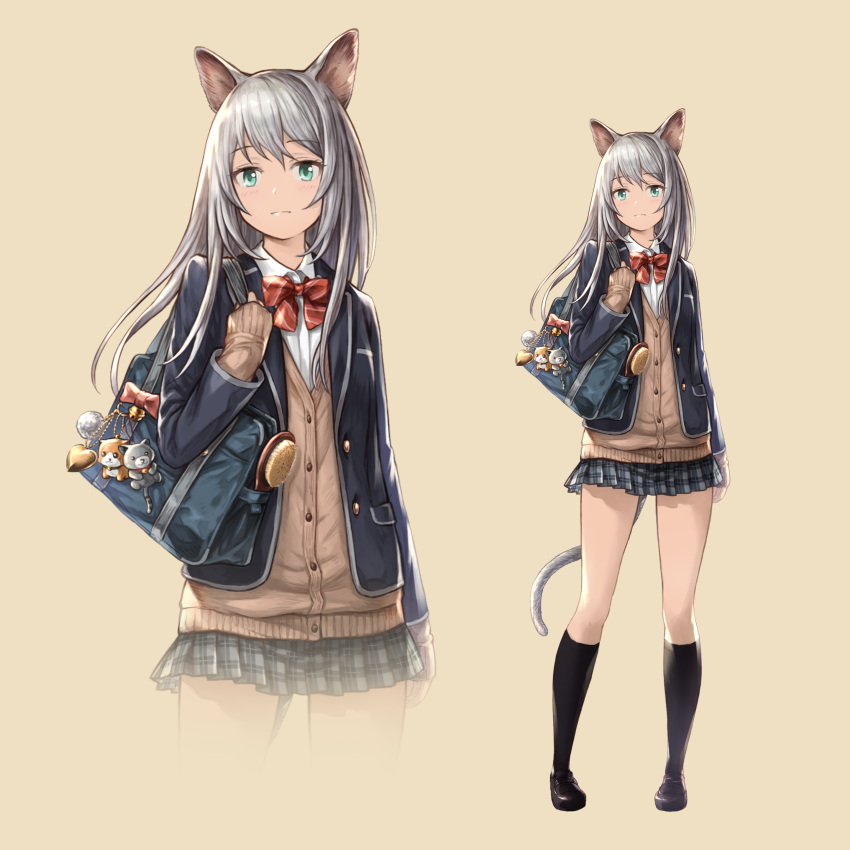 absurdres animal_ears bag bag_charm cat_ears cat_girl cat_tail charm_(object) comb commentary_request feline female granblue_fantasy_(style) green_eyes grey_hair highres itohara_(pixiv21490683) long_hair original personification school_bag school_uniform skirt tail uniform