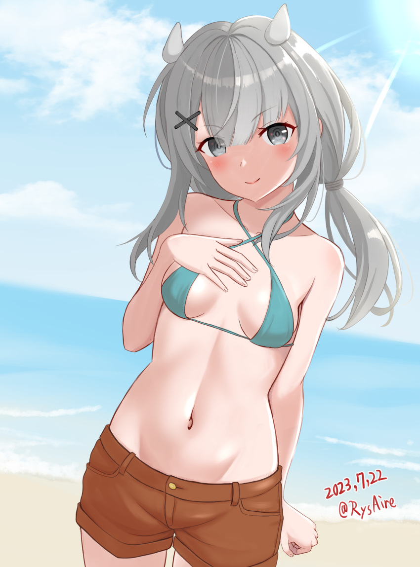 alternate_costume ame-san aqua_bikini bare_shoulders beach bikini blue_sky breasts brown_shorts cloud commentary_request criss-cross_halter day female grey_eyes grey_hair hair_ornament halterneck highres i-201_(kancolle) kantai_collection long_hair looking_at_viewer md5_mismatch navel ocean outdoors resolution_mismatch short_shorts shorts sky sling_bikini_top small_breasts smile solo source_smaller stomach swimsuit x_hair_ornament