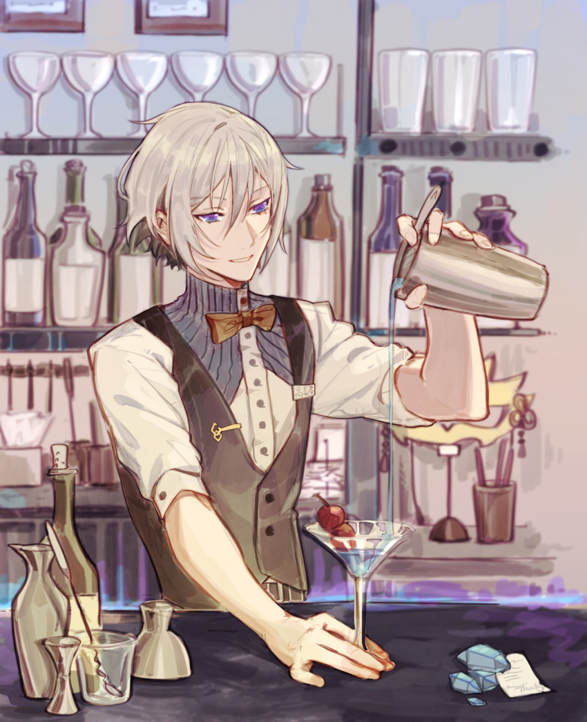 1boy bar_(place) bartender blue_eyes bottle bow bowtie brown_hair cherry cocktail_glass cocktail_shaker commentary_request counter csyday cup drink drinking_glass fate/grand_order fate_(series) food fruit gem grey_hair hair_between_eyes highres jigger looking_away male_focus multicolored_hair name_tag no_mask parted_lips pouring prince_of_lan_ling_(fate) purple_eyes shelf shirt smile solo spoon two-tone_hair waistcoat white_shirt