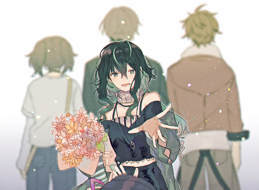 3boys black_hair black_shirt black_skirt blue_pants bouquet brown_hair brown_jacket brown_pants collarbone commission denim female female_pov flower gaon_(nijisanji) green_hair green_jacket grey_scarf han_chi_ho highres holding holding_bouquet jacket jeans long_hair min_suha multiple_boys nijisanji nijisanji_kr off-shoulder_shirt off_shoulder open_hand open_mouth pants pov roji_(roji_xx) scarf second-party_source shin_yuya shirt skirt smile sweater twintails virtual_youtuber white_sweater wiffy