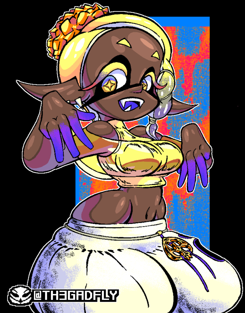 animal_humanoid blonde_hair breasts brown_body brown_skin cephalopod cephalopod_humanoid clothed clothing cross_pupils dark_body dark_skin ear_piercing fangs female frye_(splatoon) hair hi_res humanoid humanoid_pointy_ears inkling marine marine_humanoid midriff mollusk mollusk_humanoid nintendo open_mouth piercing pseudo_hair purple_tongue smile solo splatoon teeth tentacle tentacle_hair th3gadfly tongue topwear yellow_clothing yellow_eyes yellow_topwear