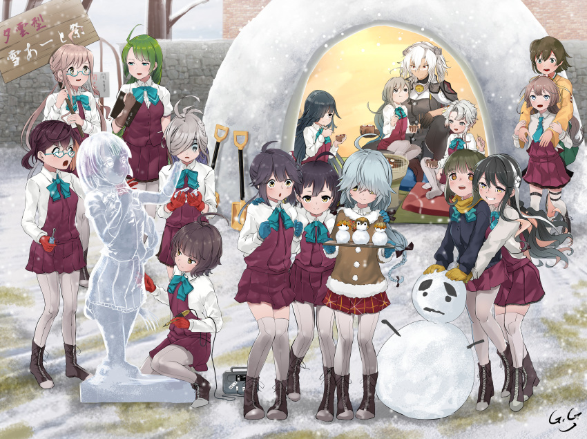 6+girls :d :t absurdres ahoge akishimo_(kancolle) asashimo_(kancolle) asashimo_kai_ni_(kancolle) asymmetrical_bangs asymmetrical_hair bare_tree black_gloves black_hair black_ribbon blazer blue-framed_eyewear blue_bow blue_eyes blue_gloves blue_hair blue_jacket blue_neckwear blunt_bangs blush bob_cut boots bow bowl bowtie braid breasts brick_wall brown_eyes brown_gloves brown_hair brown_scarf brown_sweater chisel chopsticks clenched_hands clipboard collar commentary_request cross-laced_footwear crown_braid cushion dark-skinned_female dark_skin double_bun dress eating fingerless_gloves flat_chest food fujinami_(kancolle) full_body fur-trimmed_sweater fur_trim gegeron glasses gloves gradient_eyes gradient_hair green_eyes green_hair green_hakama grey_eyes grey_hair grey_legwear grill grin hair_between_eyes hair_bun hair_ornament hair_over_eyes hair_over_one_eye hair_ribbon hairband hakama hakama_short_skirt hakama_skirt halterneck hamanami_(kancolle) hand_on_another's_shoulder hayanami_(kancolle) hayashimo_(kancolle) headgear highres hime_cut hiryuu_(kancolle) holding holding_bowl holding_chopsticks holding_clipboard holding_sign horrified hug hug_from_behind ice_sculpture indian_style jacket japanese_clothes kantai_collection kazagumo_(kancolle) kazagumo_kai_ni_(kancolle) kikumon kimono kishinami_(kancolle) kiyoshimo_(kancolle) lace-up_boots large_breasts leaf_hair_ornament long_hair long_sleeves looking_at_another looking_at_viewer low_twintails makigumo_(kancolle) makigumo_kai_ni_(kancolle) medium_breasts mochi mole mole_under_mouth multicolored_eyes multicolored_hair multiple_girls musashi_(kancolle) musashi_kai_ni_(kancolle) naganami_(kancolle) naganami_kai_ni_(kancolle) necktie okinami_(kancolle) one_side_up open_mouth outdoors pantyhose pink_hair plaid plaid_skirt pleated_skirt pointy_hair ponytail purple_eyes purple_hair purple_skirt quinzhee red_eyes red_gloves ribbon round_eyewear scarf school_uniform semi-rimless_eyewear shirt short_hair short_sleeves shovel side_ponytail sidelocks sign signature single_braid single_hair_bun single_thighhigh sitting sitting_on_lap sitting_on_person skirt sleeves_rolled_up small_breasts smile snow snow_shelter snowing snowman squatting standing surprised sweat sweater takanami_(kancolle) tan tatami thighhighs translation_request tree tsurime turn_pale twintails two_side_up very_long_hair vest white_hair white_hairband white_ribbon white_shirt yellow_eyes yellow_kimono yuugumo_(kancolle) yuugumo_kai_ni_(kancolle) zabuton zettai_ryouiki