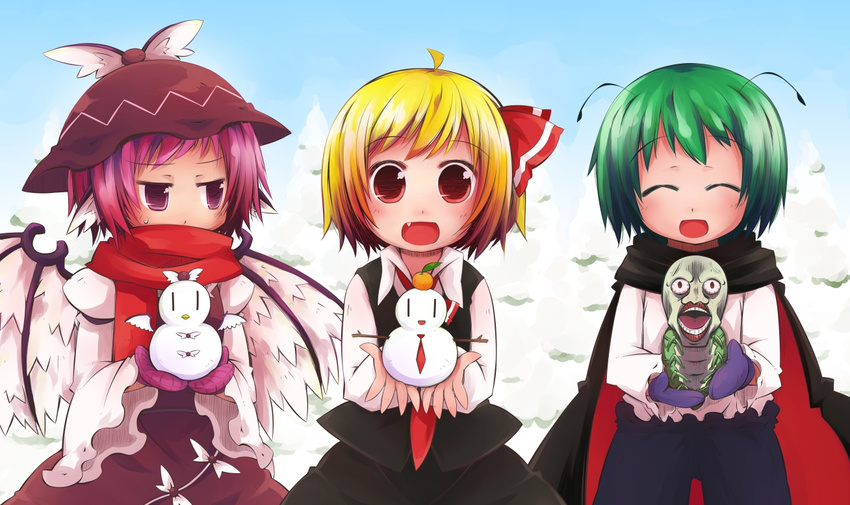 3girls animal_ears antennae blonde_hair cape closed_eyes commentary_request gintama green_hair hair_ribbon hat jagabutter mittens multiple_girls mystia_lorelei oerba_yun_fang open_mouth pandemonium_(gintama) pink_hair purple_eyes red_eyes ribbon rumia scarf short_hair smile snow snowman touhou what wide-eyed wings wriggle_nightbug |_|