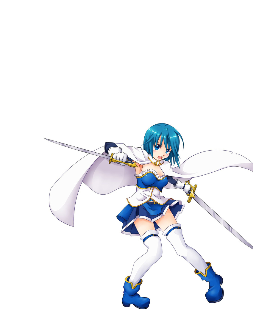 absurdres alest_lusia armpits blue_eyes blue_hair boots cape commentary_request dual_wielding female full_body highres holding magical_girl mahou_shoujo_madoka_magica mahou_shoujo_madoka_magica_(anime) miki_sayaka miki_sayaka_(magical_girl) open_mouth short_hair solo soul_gem strapless sword thighhighs torn_clothes weapon white_background white_thighhighs