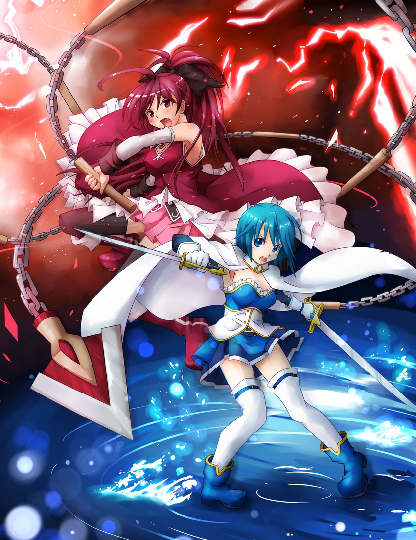 2girls absurdres alest_lusia antenna_hair armpits black_legwear blue_eyes blue_hair bow cape chains commentary_request detached_sleeves dress dual_wielding gloves hairbow highres holding lightning long_hair magical_girl mahou_shoujo_madoka_magica mahou_shoujo_madoka_magica_(anime) miki_sayaka miki_sayaka_(magical_girl) multiple_girls open_mouth polearm ponytail red_dress red_eyes red_hair ripples sakura_kyoko sakura_kyoko_(magical_girl) soul_gem spear strapless sword thighhighs torn_clothes water weapon white_legwear