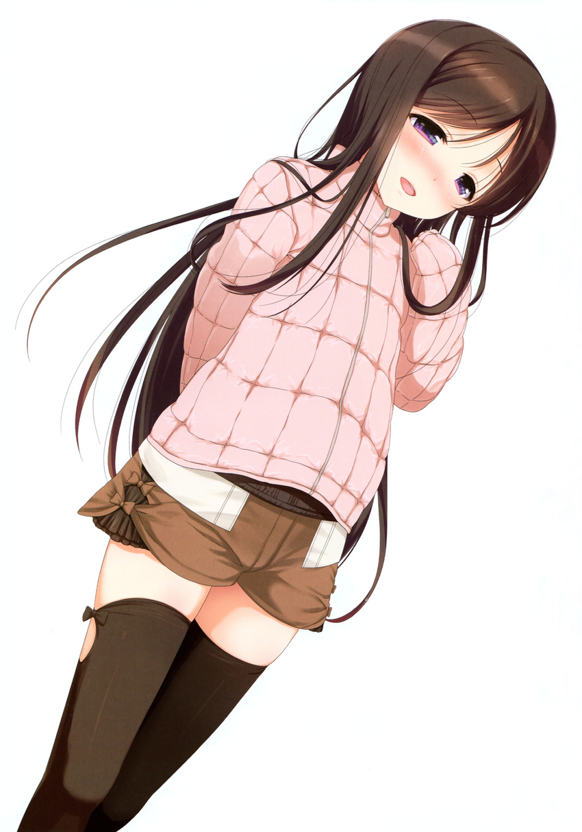 absurdres black_thighhighs blush brown_hair endou_rino female hand_up highres jacket jinsei long_hair nanase_meruchi nose_blush official_art open_mouth purple_eyes scan short_shorts shorts simple_background smile solo thighhighs tsurime very_long_hair white_background