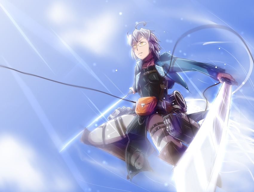 1boy ahoge blue_sky cloud commentary_request day dual_wielding glasses glint grey_hair holding japanese_clothes light_rays long_sleeves male_focus morichika_rinnosuke parted_lips rpg-exen semi-rimless_eyewear shingeki_no_kyojin sky solo sunbeam sunlight sword three-dimensional_maneuver_gear touhou under-rim_eyewear weapon yellow_eyes