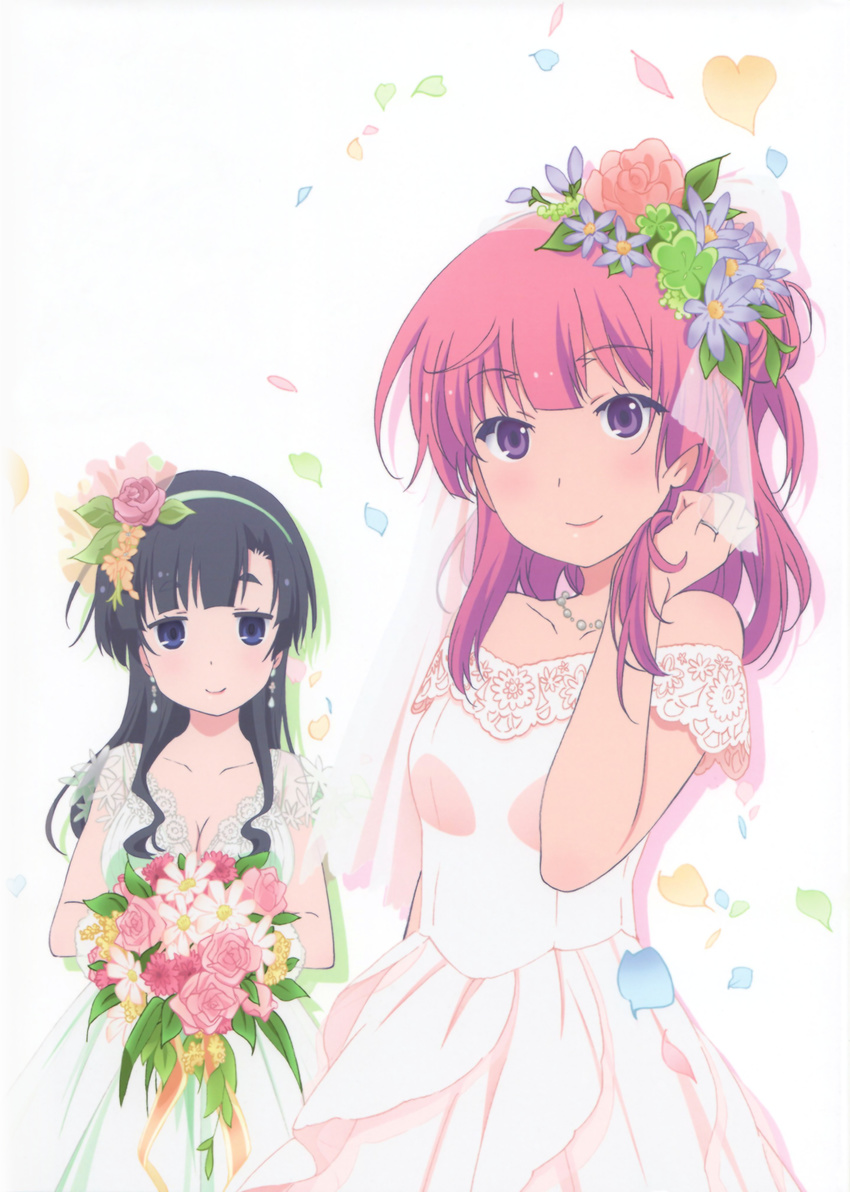 absurdres adjusting_hair akishino_himeka black_hair blue_eyes bouquet breasts cleavage dress female flower fuyuumi_ai hair_flower hair_ornament hand_up highres hime_cut long_hair looking_at_viewer medium_breasts ore_no_kanojo_to_osananajimi_ga_shuraba_sugiru pink_hair purple_eyes simple_background wedding_dress white_dress