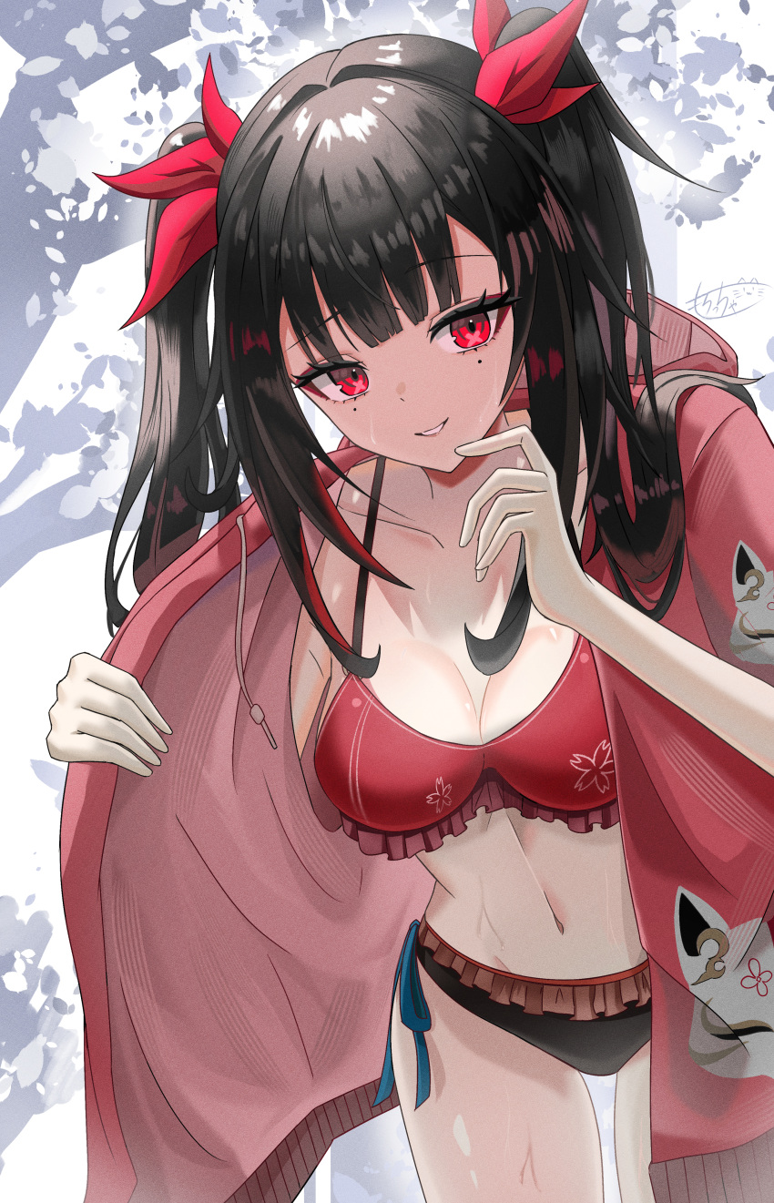 absurdres alternate_costume bikini black_bikini_bottom black_hair breasts cleavage collarbone female floral_background fox_print hair_ribbon highres honkai:_star_rail honkai_(series) jacket long_hair looking_at_viewer medium_breasts morocha1130 navel open_clothes open_jacket parted_lips red_bikini red_eyes red_jacket red_ribbon ribbon single_bare_shoulder smile solo sparkle_(honkai:_star_rail) stomach swimsuit thighs twintails two-tone_bikini