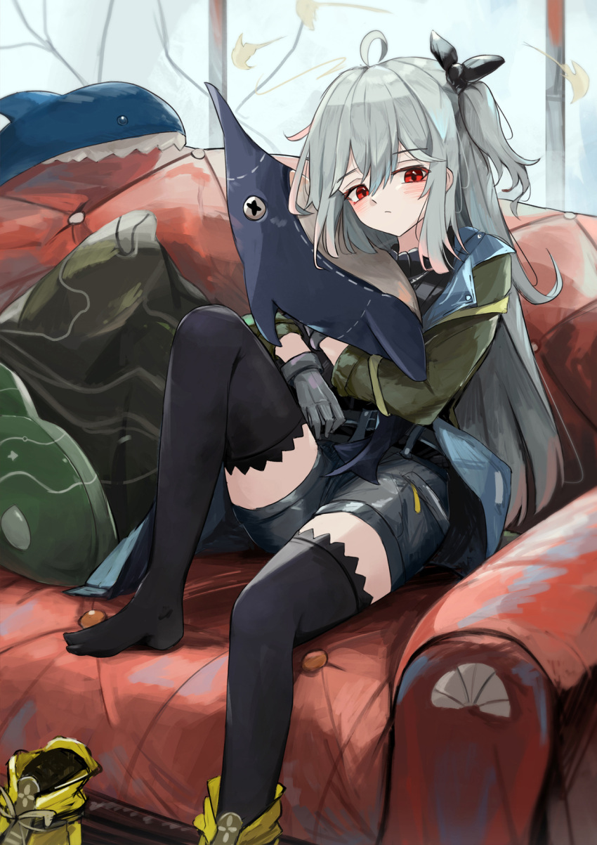 ahoge arknights black_thighhighs boots couch feet female grey_hair highres kari90909 knee_up long_hair official_alternate_costume one_side_up red_eyes shoes single_boot sitting skadi_(arknights) skadi_(the_next_afternoon_tea)_(arknights) solo thighhighs very_long_hair yellow_footwear