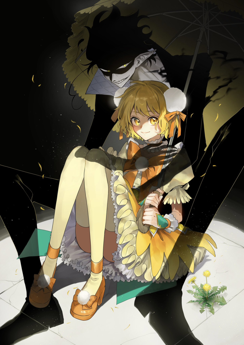 1boy 62kaeru blonde_hair bow bowtie cover cover_page darkness female frilled_shirt_collar frilled_skirt frills full_body highres holding holding_umbrella magical_girl mahou_shoujo_dandelion official_art on_floor orange_bow orange_bowtie orange_footwear parasol pointy_ears puffy_short_sleeves puffy_sleeves see-through shade_(magical_girl_dandelion) shaded_face shadow sharp_teeth short_hair short_sleeves skirt squatting tanpopo_ohanami teeth umbrella yellow_eyes