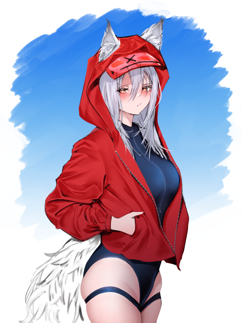 absurdres animal_ears arknights black_one-piece_swimsuit blush breasts casual_one-piece_swimsuit ears_through_headwear ears_through_hood english_commentary female grey_hair hair_between_eyes hands_in_pockets highres hood hood_up hooded_jacket jacket kuro_matcha long_sleeves looking_at_viewer official_alternate_costume one-piece_swimsuit open_clothes open_jacket projekt_red_(arknights) projekt_red_(light_breeze)_(arknights) red_jacket shy simple_background skindentation solo swimsuit tail thigh_strap upper_body wolf_ears wolf_girl wolf_tail yellow_eyes