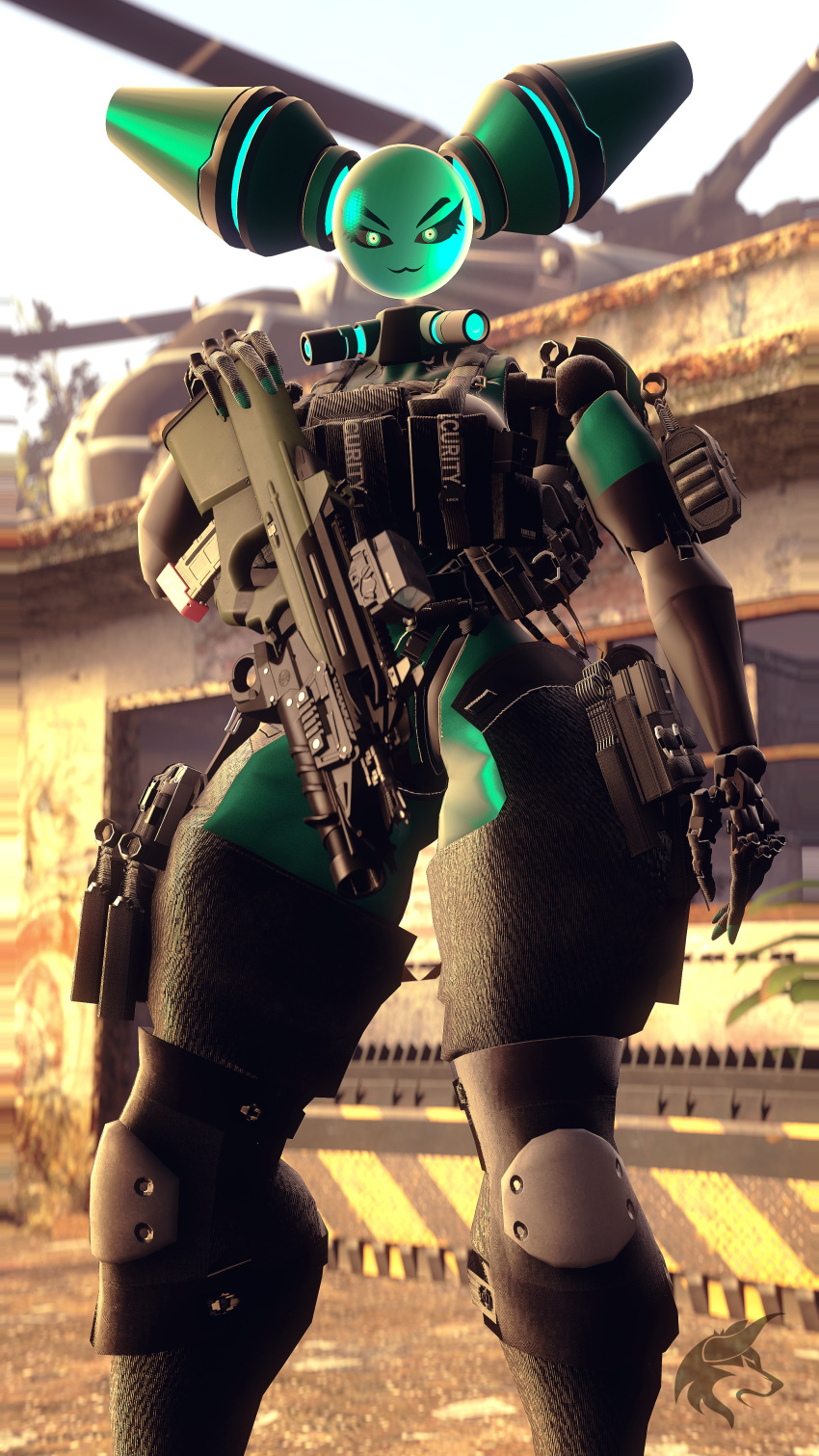 3d_(artwork) absurd_res aircraft android assault_rifle bas-b_(ludexus) bulletproof_vest digital_media_(artwork) fan_character female green_body green_eyes gun helicopter hi_res humanoid kunai larger_female ludexus machine pinup pose ranged_weapon rifle robot robot_humanoid size_difference smile solo source_filmmaker_(artwork) tactical_gear vehicle weapon