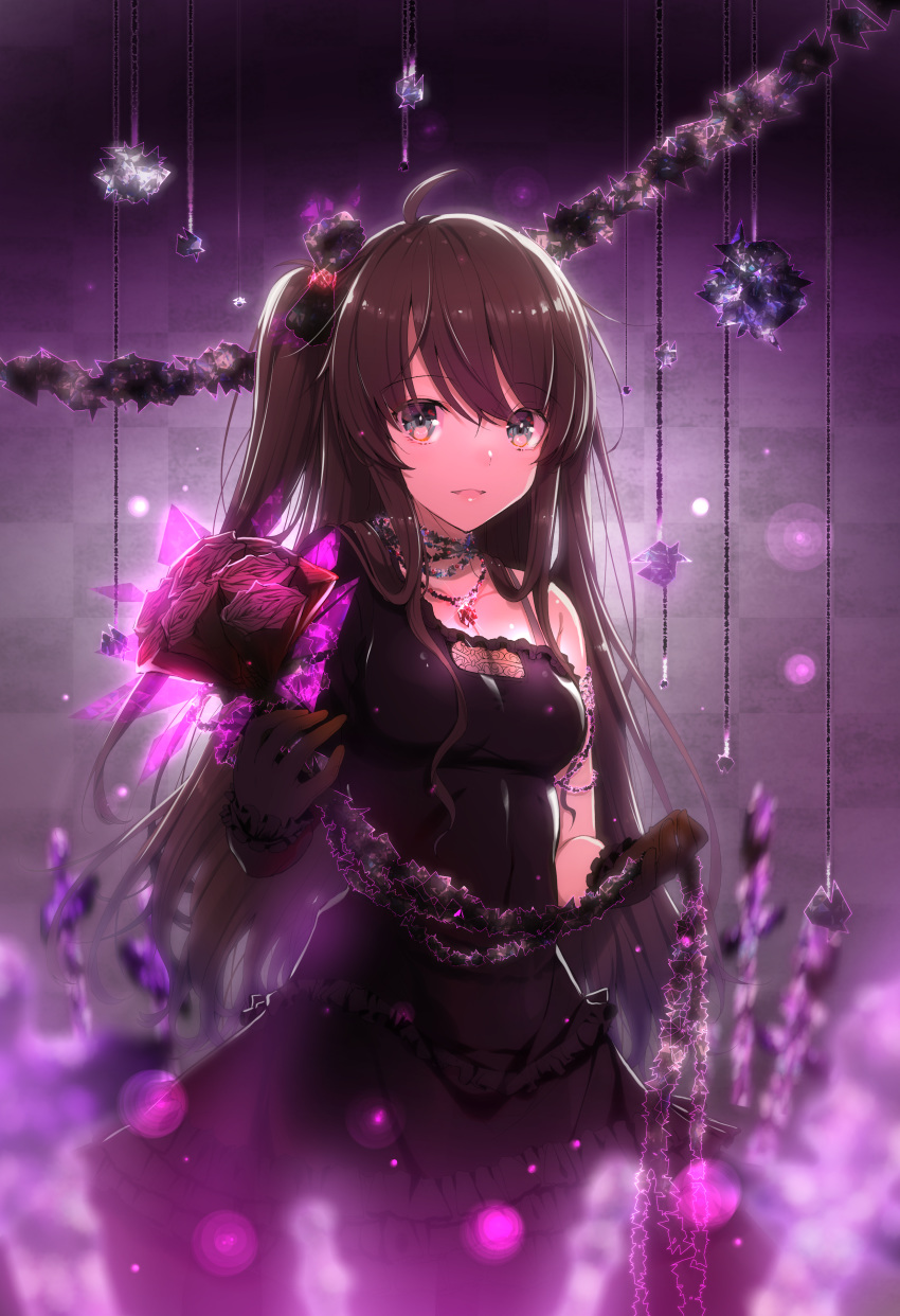 absurdres akahito asymmetrical_sleeves black_dress black_gloves breasts brown_hair cleavage collarbone dress fanbox_reward female gloves green_eyes hair_between_eyes highres lolita_fashion long_hair open_mouth paid_reward single_sleeve solo standing tamasaka_makoto tokyo_7th_sisters uneven_sleeves very_long_hair