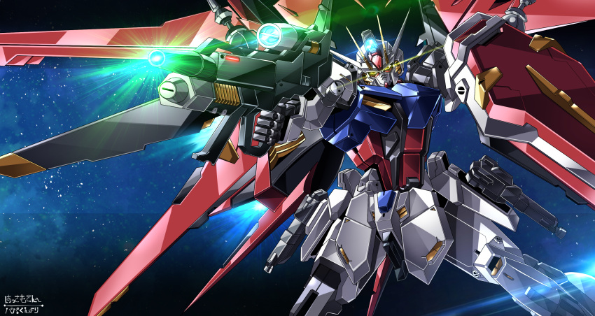 absurdres aiming beam_rifle commission energy_gun fusion glowing glowing_eyes gun gundam gundam_seed gundam_seed_c.e._73:_stargazer highres holding holding_gun holding_weapon looking_ahead mecha mechanical_wings mobile_suit papa-kun_(destiny549-2) robot science_fiction shield skeb_commission solo space strike_gundam strike_noir v-fin weapon wings yellow_eyes