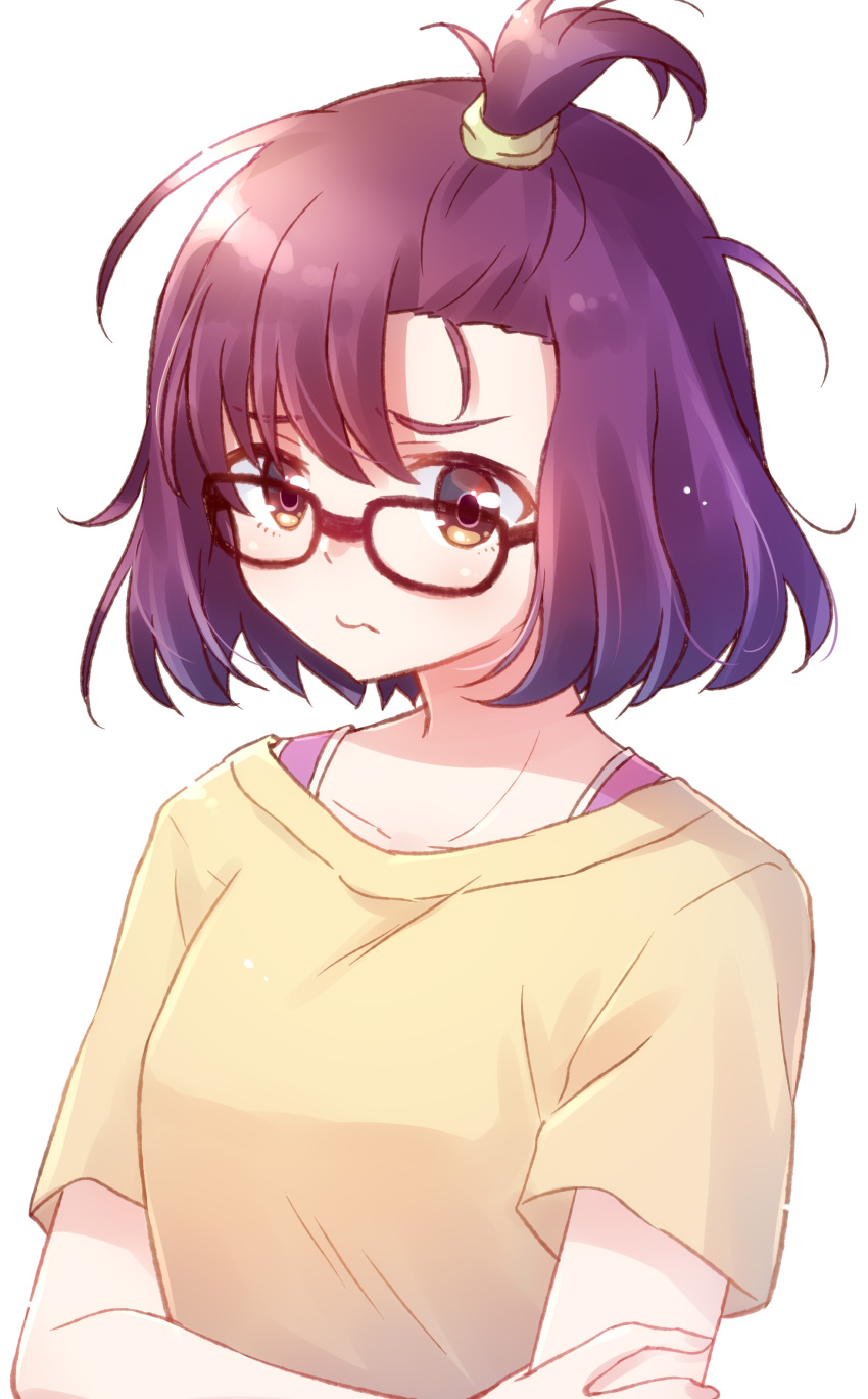 absurdres bangs_pinned_back brown_eyes female glasses godzilla_(series) godzilla_singular_point highres kamino_mei medium_hair nyaa_(nnekoron) shirt solo t-shirt upper_body wavy_mouth white_background