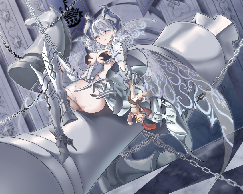 absurdres armor boots breasts chess_piece cleavage demon_girl doll drill_hair duel_monster elizi female gauntlets greaves grey_eyes grey_hair high_heel_boots high_heels highres horns king_(chess) knight_(chess) knight_(yu-gi-oh!) large_breasts lovely_labrynth_of_the_silver_castle low_wings multiple_wings pauldrons pawn_(chess) shoulder_armor solo thighhighs transparent_wings twintails wings yu-gi-oh!