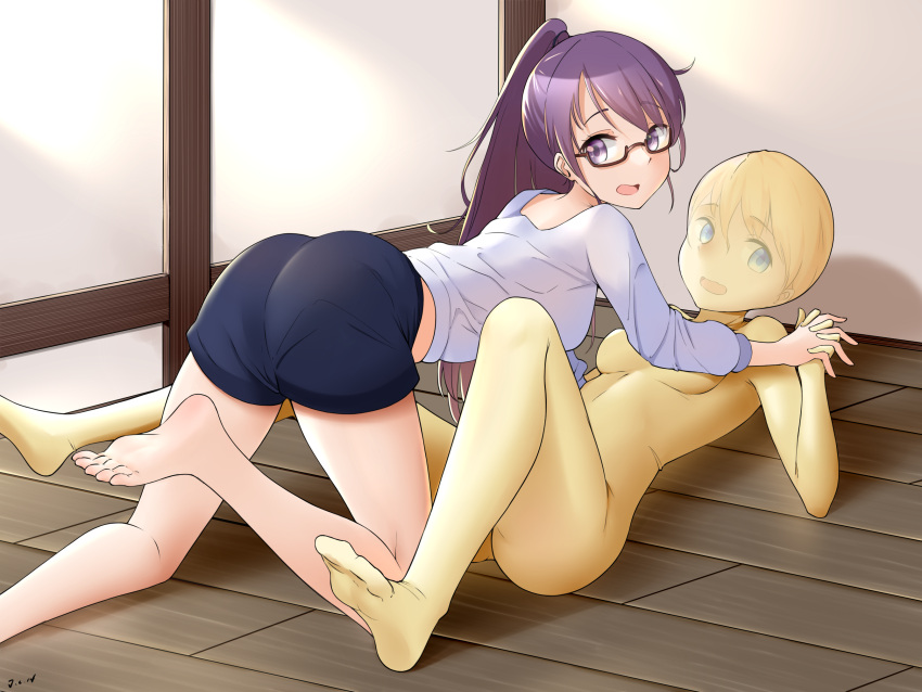 2girls barefoot blonde_hair blue_eyes bodysuit breasts comic_girls commentary_request commission glasses highres interlocked_fingers irokawa_ruki j.c.14 koizuka_koyume long_hair looking_at_viewer lying medium_breasts multiple_girls on_back on_floor pixiv_commission ponytail purple_eyes purple_hair see-through semi-rimless_eyewear shirt shorts skin_tight smile under-rim_eyewear white_shirt wooden_floor yellow_bodysuit yuri zentai