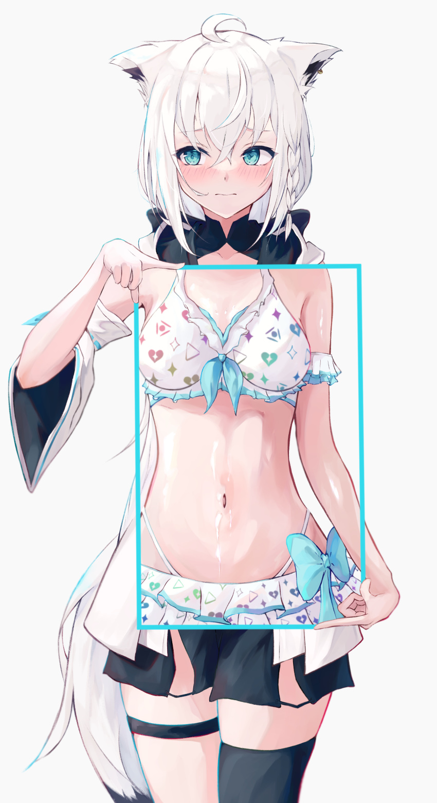 absurdres ahoge animal_ears aqua_eyes bikini blush braid cum cum_on_body cum_on_stomach detached_sleeves female fox_ears fox_girl fox_tail highres hijiriunu hololive hololive_summer_2022_swimsuit long_hair looking_away midriff navel shirakami_fubuki shorts side_braid simple_background single_thighhigh solo swimsuit tail thigh_strap thighhighs virtual_youtuber white_hair zettai_ryouiki