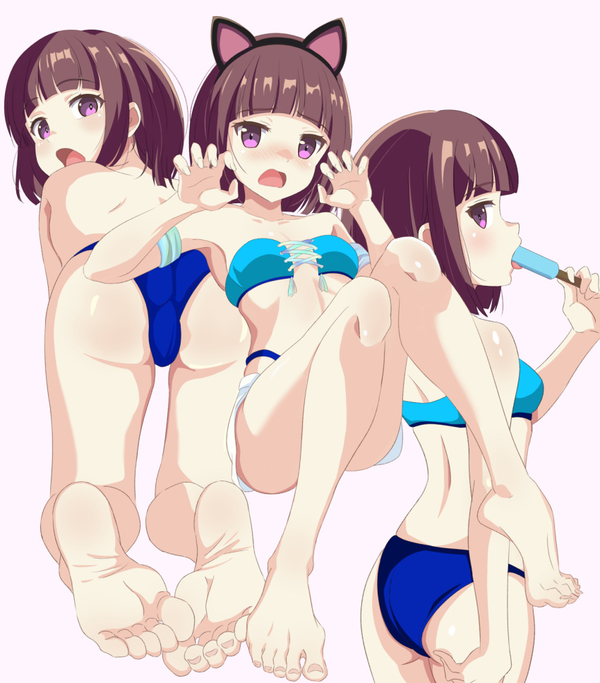 animal_ears ass barefoot bikini blue_bikini blush bob_cut brown_hair cat_ears fake_animal_ears feet female food foot_focus foreshortening hands higashiyama_akisa highres legs looking_at_viewer magicami nanowise open_mouth popsicle purple_eyes short_hair soles solo swimsuit toes