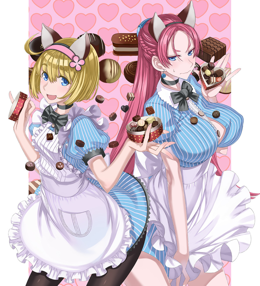 2girls :d ahoge animal_ears apron black_choker blonde_hair blue_eyes blue_shirt blush bob_cut box box_of_chocolates braid breasts chocolate choker closed_mouth cosette_coalhearth earrings embarrassed french_braid hairband heart-shaped_box honjou_raita jewelry juliana_eberhardt kemonomimi_mode large_breasts long_hair looking_at_viewer medium_hair multiple_girls open_mouth pink_hair puffy_short_sleeves puffy_sleeves senjou_no_valkyria_(series) senjou_no_valkyria_2 shirt short_sleeves small_breasts smile standing waist_apron white_apron