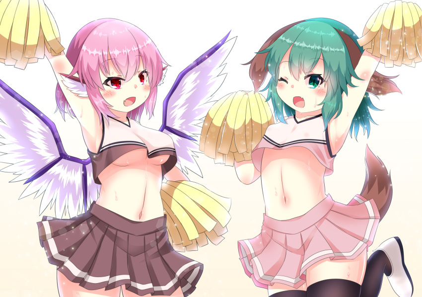 2girls alternate_costume animal_ears arm_up bird_ears bird_wings black_legwear breasts brown_skirt cheerleader choujuu_gigaku commentary_request cowboy_shot dog_ears dog_tail gradient_background green_eyes green_hair highres holding holding_pom_poms karasuma_amiru kasodani_kyouko looking_at_viewer medium_breasts multiple_girls mystia_lorelei navel no_bra oerba_yun_fang one_eye_closed open_mouth pink_hair pink_skirt pleated_skirt pom_pom_(cheerleading) red_eyes skin_fang skirt small_breasts standing sweat tail tank_top thighhighs touhou underboob white_footwear white_tank_top white_wings wings yellow_background zettai_ryouiki