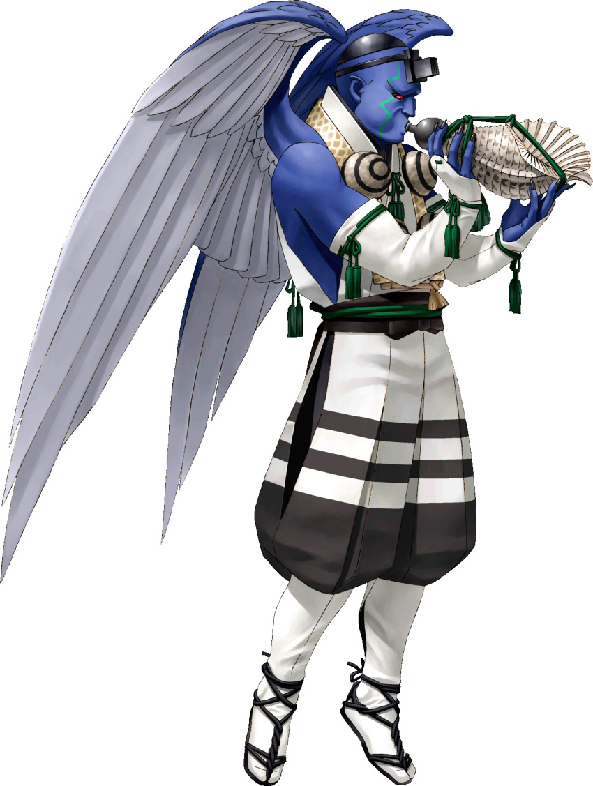 1boy bald blowing blue_skin colored_skin conch detached_sleeves feathered_wings full_body highres kazuma_kaneko kippah kurama_tengu_(megami_tensei) male_focus official_art photoshop_(medium) red_eyes shin_megami_tensei shin_megami_tensei_iii:_nocturne solo tassel tefillin tengu third-party_source transparent_background wings